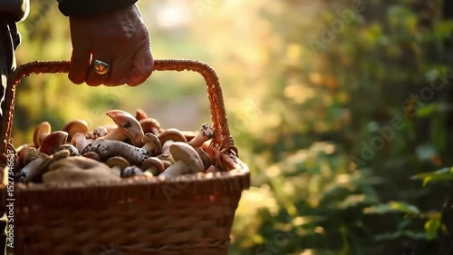 Man carries a basket of forest mushrooms home along a path during sunset