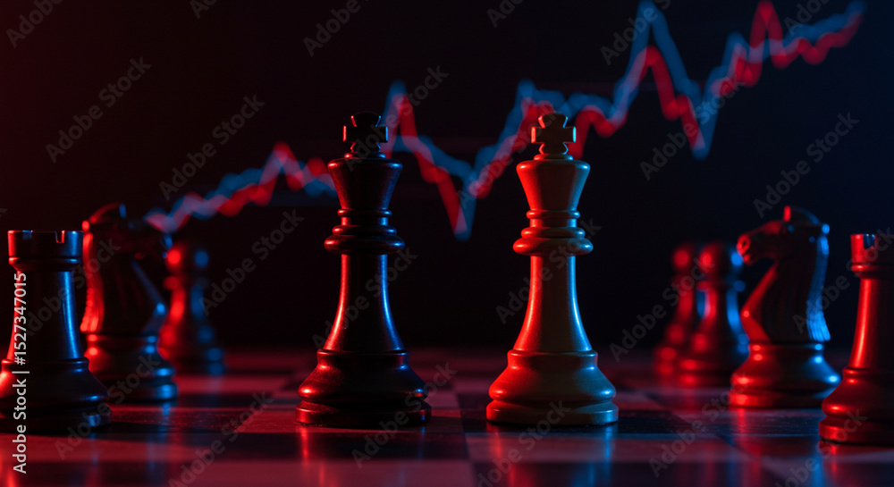 Naklejka premium A chessboard with chess pieces under red and blue lighting with a stock chart in the background