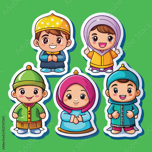 Cartoon Muslim Children in Traditional Attire