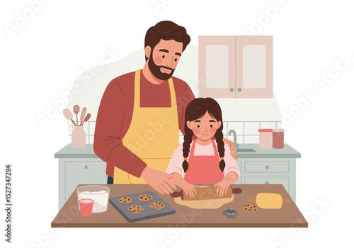 A father and daughter baking cookies in a kitchen the father guiding the daughter as she rolls dough
