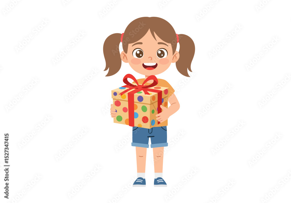 A girl with brown hair holds a present wearing a yellow shirt blue shorts white socks and blue shoes A girl with brown hair holds a present wearing a yellow shirt blue shorts white socks and blue shoes