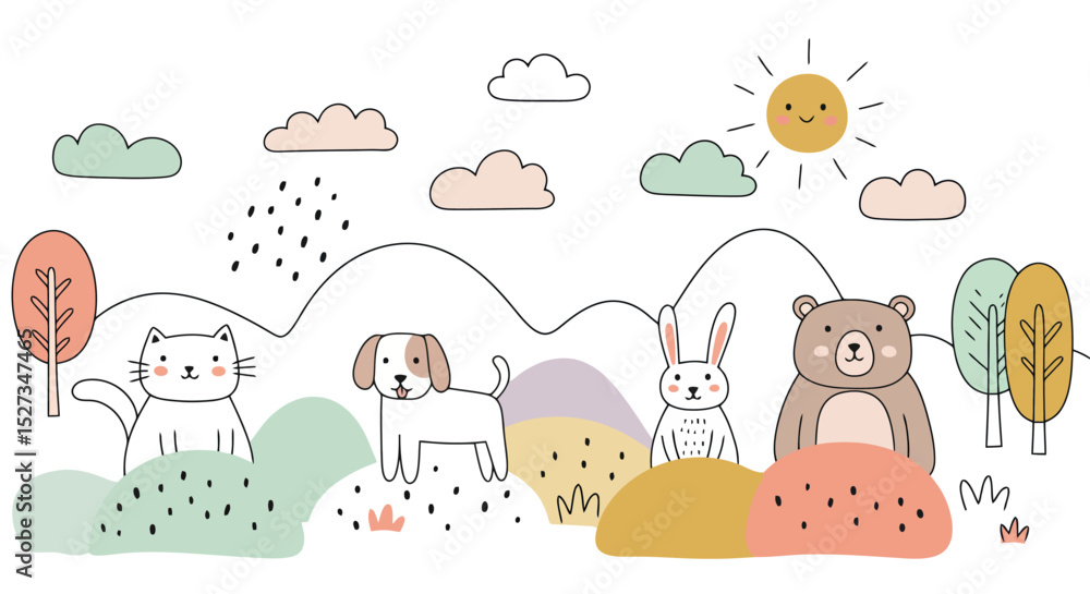 Fototapeta premium Cute Animals in a Landscape, Whimsical Illustration