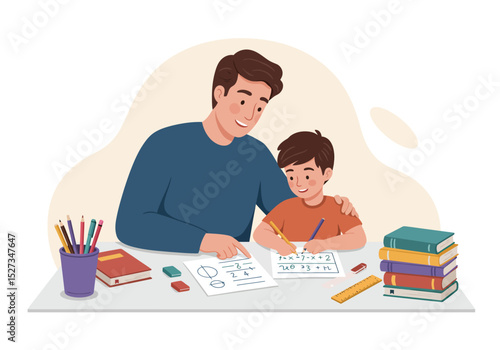 A man helps a boy with schoolwork at a desk covered in learning tools