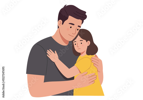 A man hugs a sad girl The man is wearing a gray shirt and the girl is wearing a yellow shirt