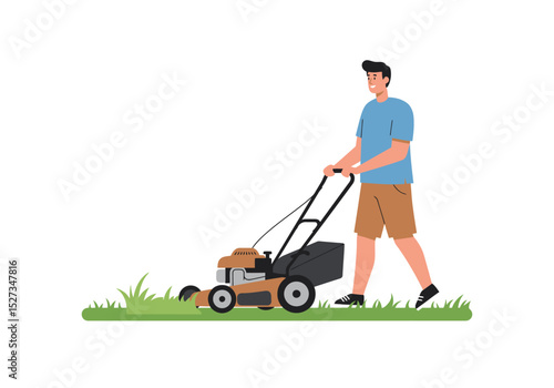 A man mows grass with a lawnmower on a green lawn wearing shorts  a tshirt