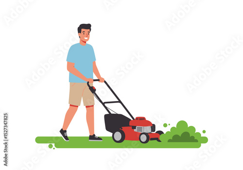 A man mows the lawn with a red lawnmower on a sunny day