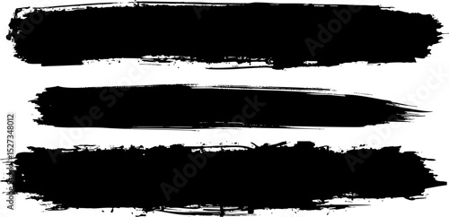 Three thick black horizontal lines painted carelessly by paint roller and thick black acrylic paint, seamless abstract pattern on white paper background