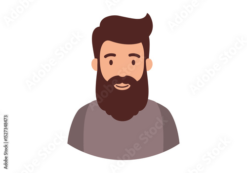 Cartoon man with a brown beard and hair wearing a grey shirt against a white backdrop