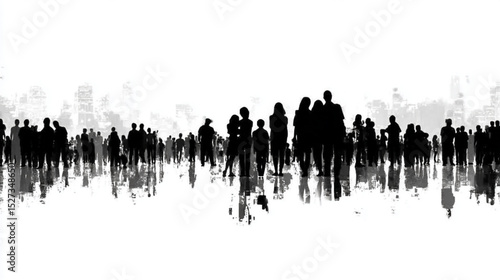 Silhouette of a large crowd of people reflecting in a watery surface, urban background