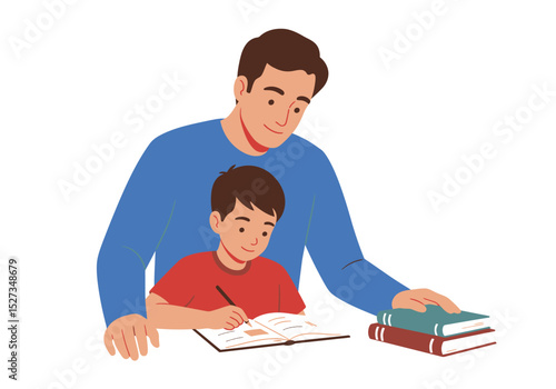 Vector Father helping son with homework books nearby