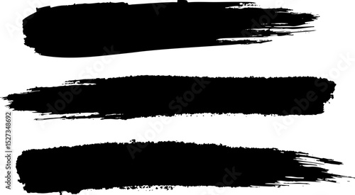Three thick black horizontal lines painted carelessly by paint roller and thick black acrylic paint, seamless abstract pattern on white paper background