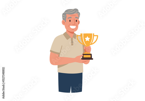 Grayhaired man in a polo shirt smiles while holding a gold trophy with a star on it