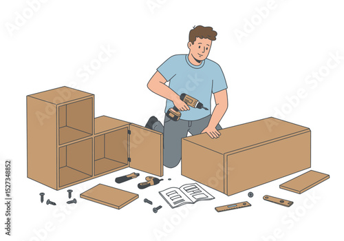 Vector Man assembling furniture with a drill surrounded by components and instructions