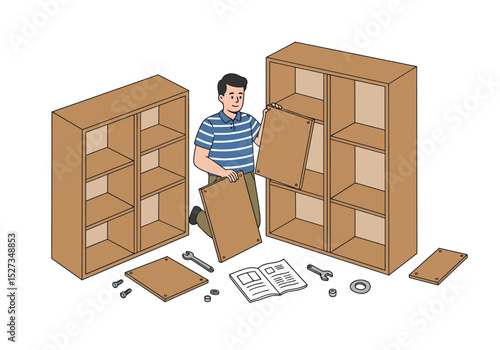 Man assembling flatpack furniture with tools and instructions