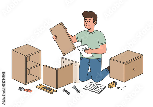 Person assembles furniture using instructions with parts and tools arranged around them