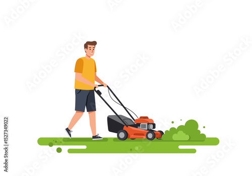 Person mowing grass with orange mower on a green lawn