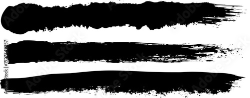 Three thick black horizontal lines painted carelessly by paint roller and thick black acrylic paint, seamless abstract pattern on white paper background