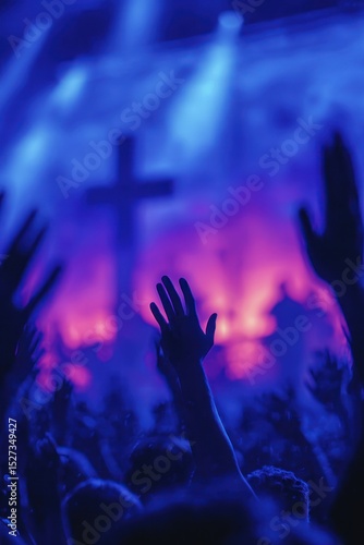 A vibrant crowd raises hands in worship during a concert