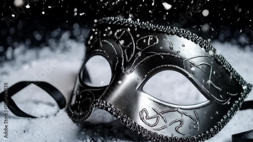 Elegant silver masquerade mask with delicate ornamental details set against a snowy backdrop and black ribbon ties.