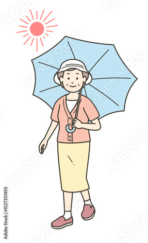 炎天下で日傘をさす高齢女性の全身イラスト