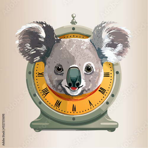 A playful koala face framed inside a vintage clock, blending Aussie charm with whimsical design for standout t-shirts.