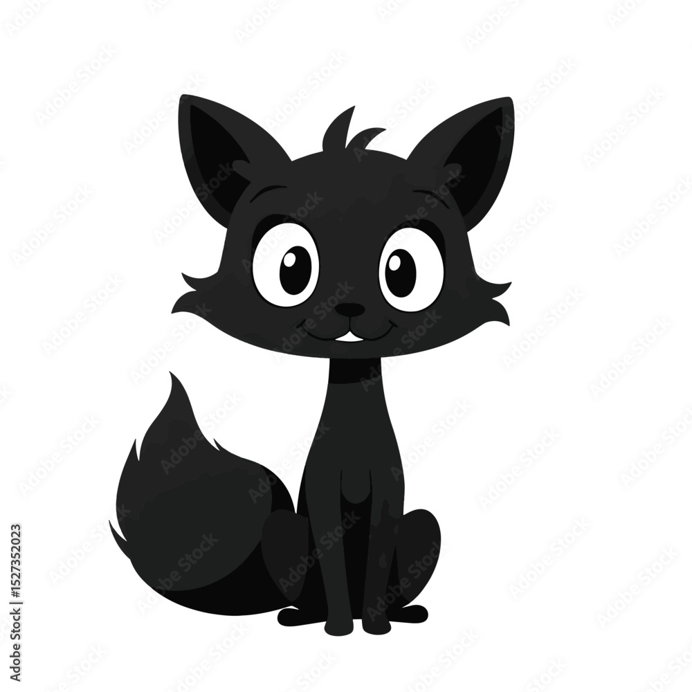 Obraz premium Black Silhouette Cartoon Fox Vector Art with Cute Eyes and Fluffy Tail on White Background