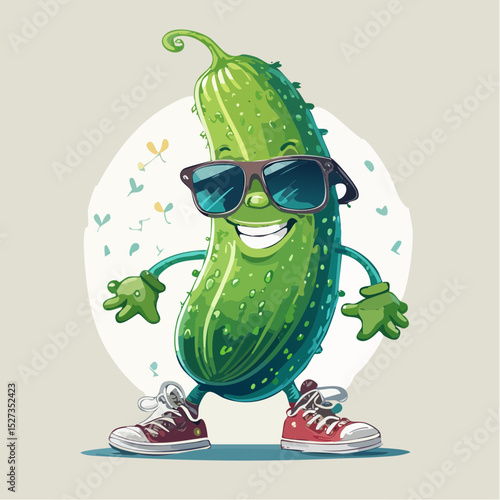 A funny pickle character in cool sneakers and sunglasses, striking a cheeky pose—perfect for playful t-shirt prints