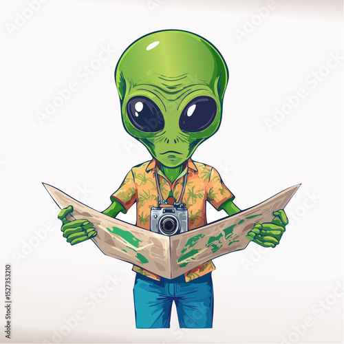 Lost alien tourists with maps and cameras, dressed for vacation — a quirky design perfect for t-shirts with intergalactic humor.