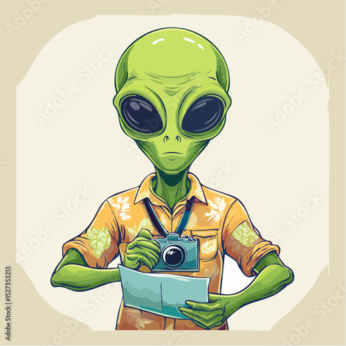Lost alien tourists with maps and cameras, dressed for vacation — a quirky design perfect for t-shirts with intergalactic humor.