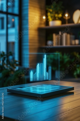 A futuristic display showing a holographic city skyline on a wooden table with a blurred background