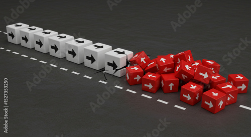 White cubes with arrows in a line disrupted by red cubes on a road with a broken line marking