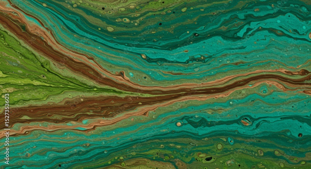 Naklejka premium Fluid Art Abstract Painting Swirling Greens, Browns, and Teal Hues
