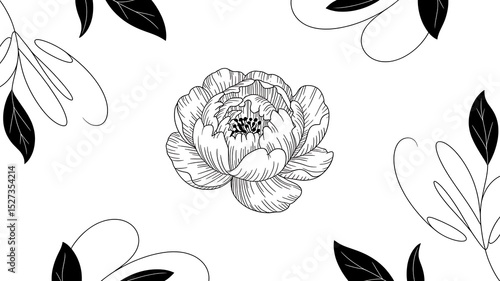 Fototapeta Naklejka Na Ścianę i Meble -  Elegant black and white line art peony flower with leaves; minimalist floral design.