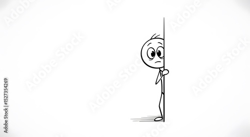 Anxious Stick Figure Peeks Around Corner, Awaiting Uncertain Fate, Evoking Suspense and Curiosity for Untold Story, Isolated on White Background