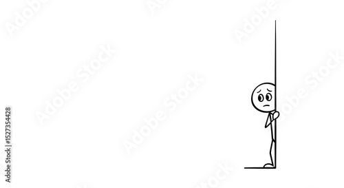 Stick Figure Peeking from Corner, Anxious, Uncertain: Expressing Shyness, Surprise, or Anticipation in Simple Black and White Design, Revealing Secrecy
