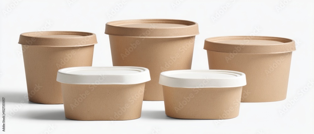 Cardboard containers in various sizes, featuring white lids, ideal for food storage and takeout. Cardboard containers in various sizes, featuring white lids, ideal for food storage and takeout.