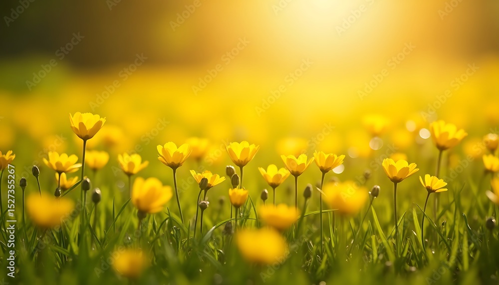 Obraz premium Field of Yellow Flowers in Sunlight with Green Grass
