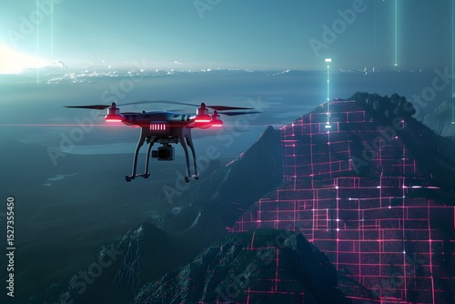 AI drone flying over a digital Earth landscape, scanning terrain with laser grids, futuristic environmental monitoring
