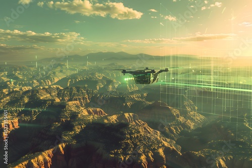 AI drone flying over a digital Earth landscape, scanning terrain with laser grids, futuristic environmental monitoring
