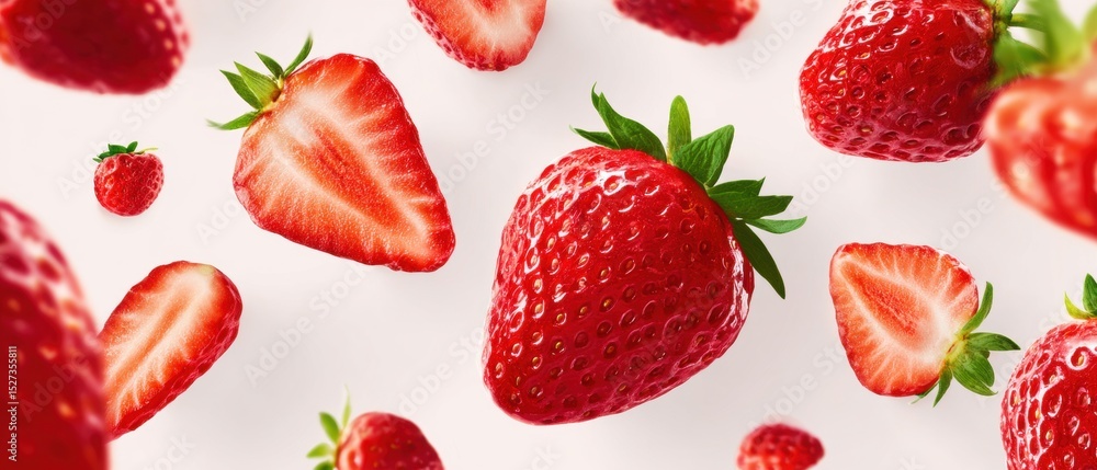 Fresh strawberries scattered against a light background, showcasing vibrant colors and textures. Fresh strawberries scattered against a light background, showcasing vibrant colors and textures.