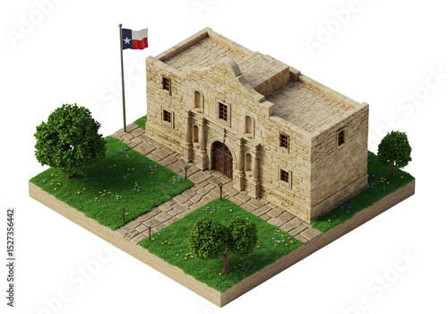Foto Isometric Rendition of The Alamo, Texas: A Detailed Architectural Model Capturin