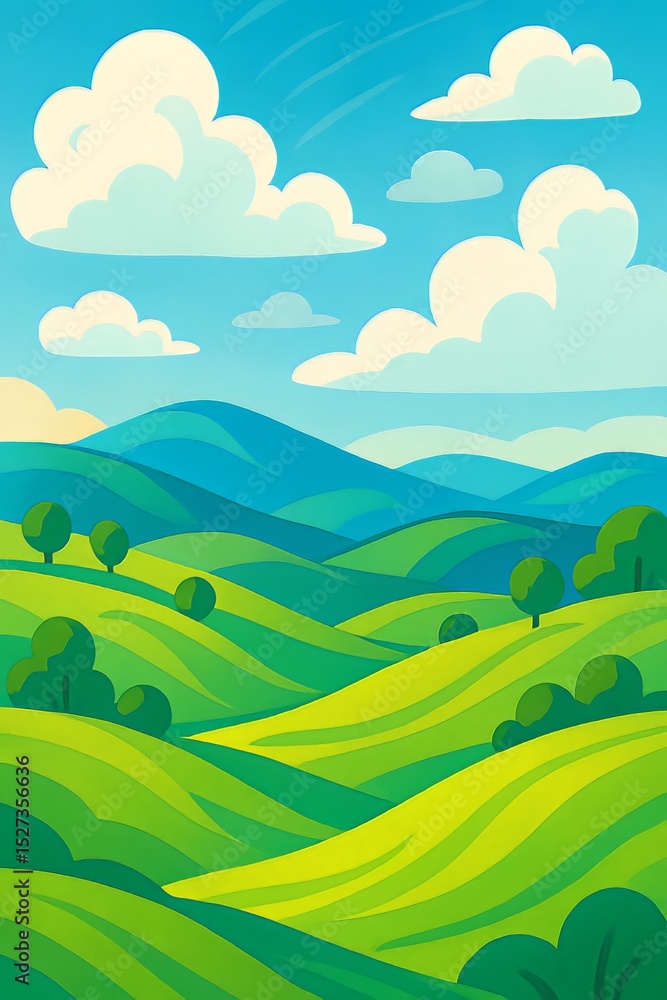 Fototapeta premium A vibrant landscape illustration featuring rolling green hills and a bright blue sky with fluffy clouds