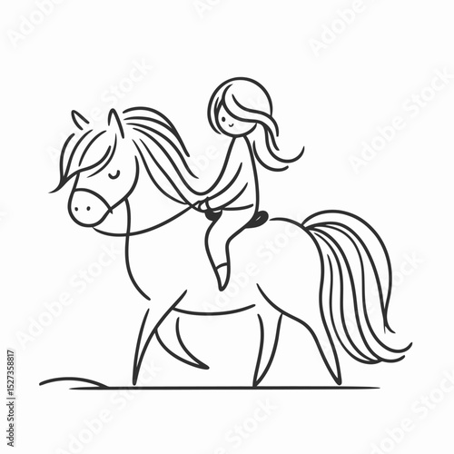 Girl riding a horse in simple line art style  