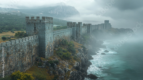 Ancient stone defensive wall along rocky coastline, shrouded in mist and mystery