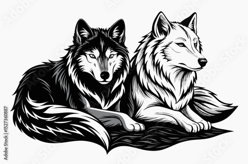 Two Wolves Resting Together Black and White Illustration