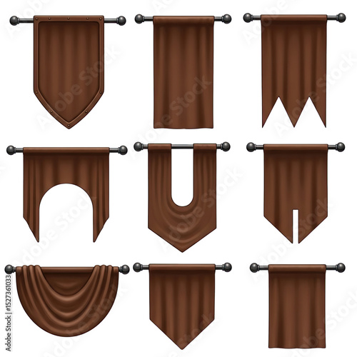 Collection of Diverse Brown Flags on Black Iron Bars - Complete Range of Vintage Banners for Heraldic Designs, Decorative Illustrations and Game Elements