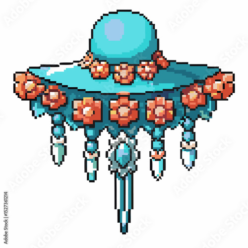 pixel art, blue futuristic spaceship with orange decorative elements, digital icon retro, alien spacecraft design
