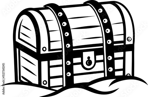 pirate treasure chest illustration vintage wooden box with metal bands, locked with padlock adventure, treasure hunt concept