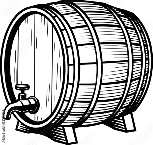 wooden wine barrel with tap vintage cask illustration, winery and aging process concept