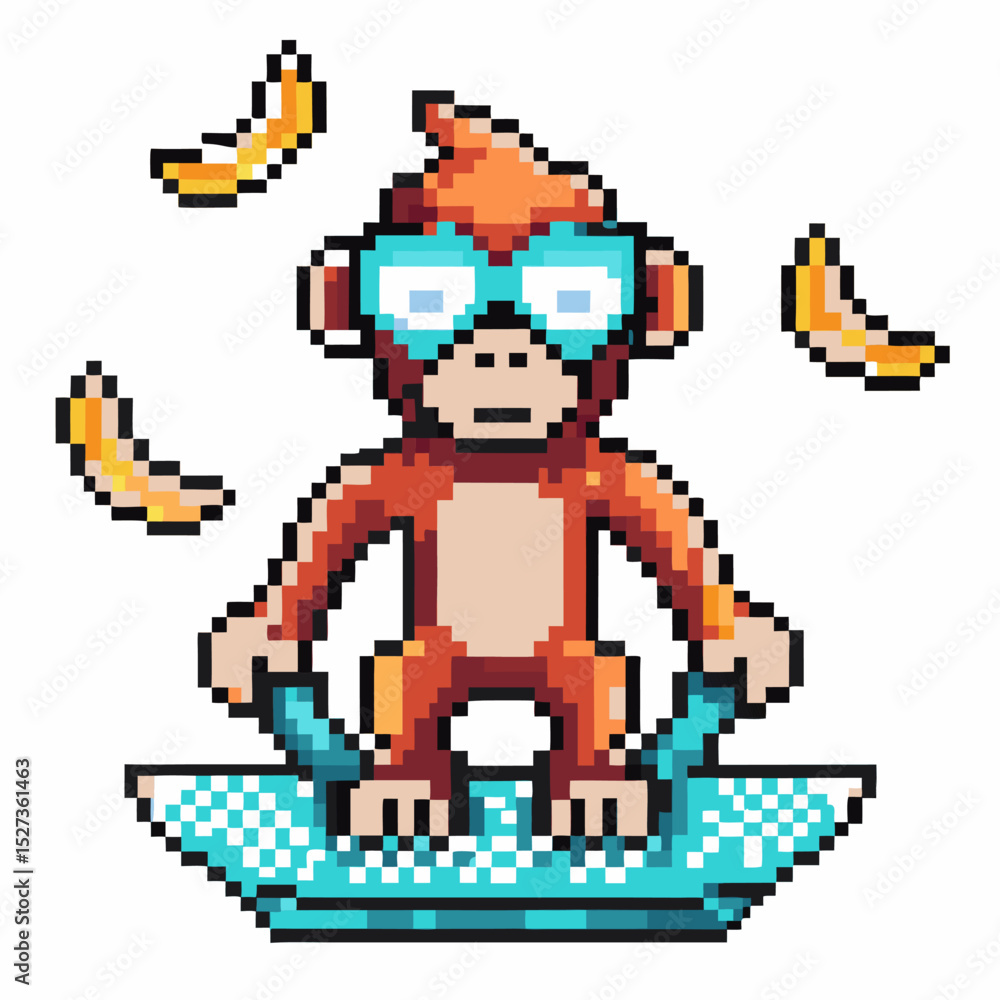 Fototapeta premium Pixelated monkey surfing with bananas, retro gaming art